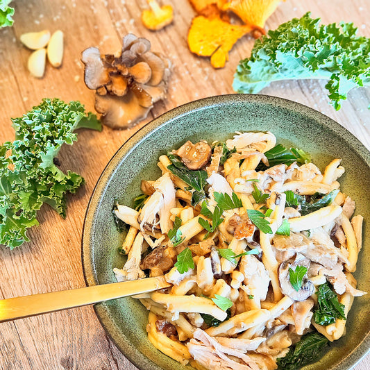 Chicken Tetrazzini with Kale and a Trio of Mushrooms